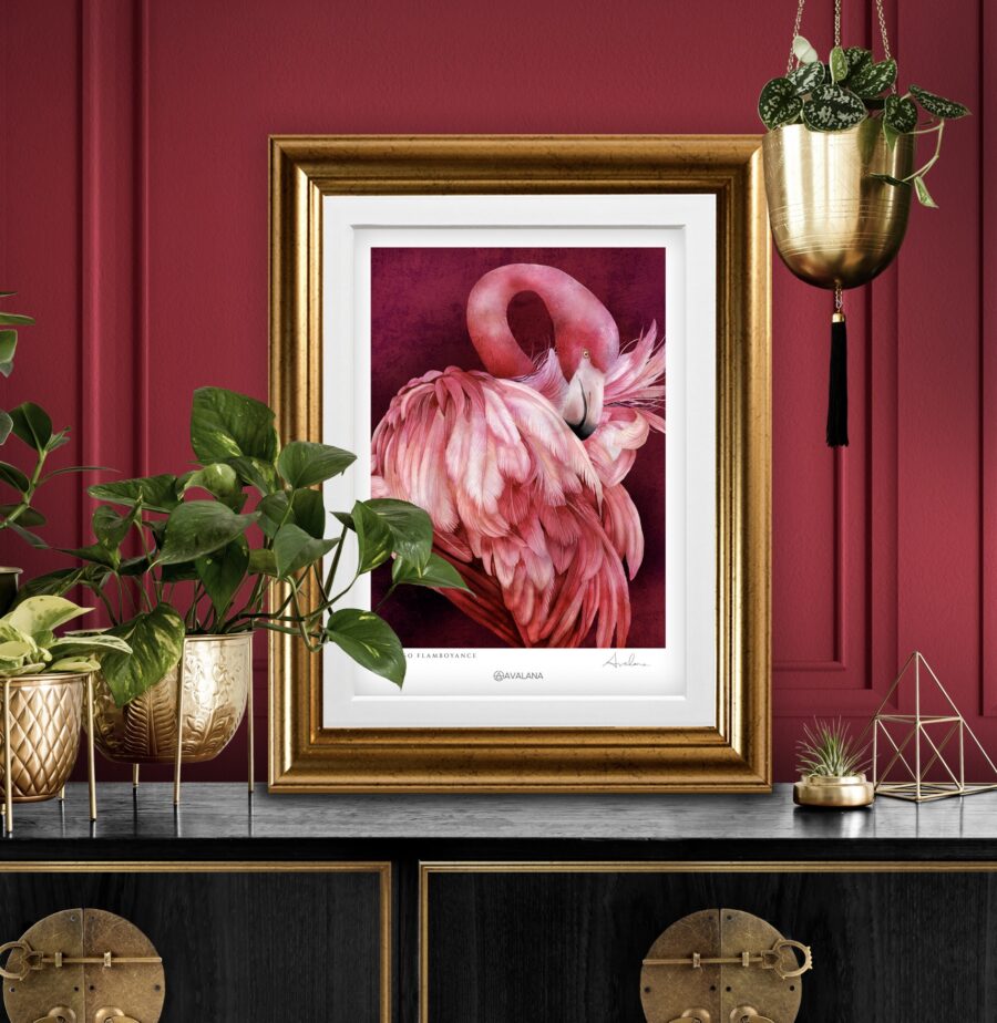 Flamingo Art Print in rich interior setting in luxe gold art frame